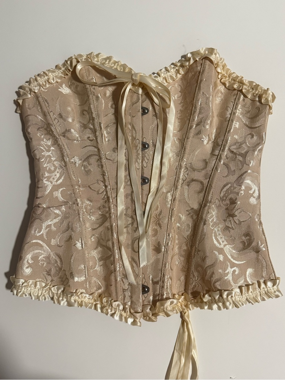 Champagne Floral Brocade Overbust Corset Bustier Boned S Lace Up Coquette